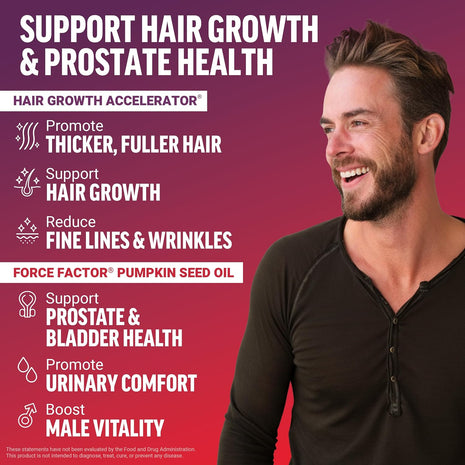 Force Factor Hair Growth Accelerator Multivitamin for Women & Men, with Lustriva, Biotin, Horsetail & Vitamins A, B12, C, D & E for Thicker Hair, Healthier Skin & Nails + Pumpkin Seed Oil Softgels