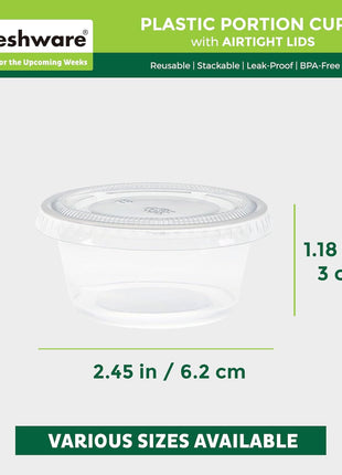 Freshware Plastic Portion Cups with Lids [2 Ounce, 200 Sets] Disposable Plastic Cups for Meal Prep, Salad Dressing, Jellos Shot Cups, Souffle Cups, Condiment and Dipping Sauce Cups
