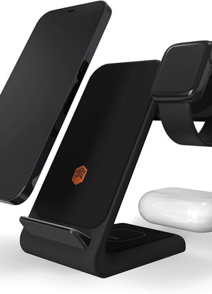 STM ChargeTree Swing 3-in-1 Wireless Charging Station for iPhone/Samsung/Android (15W/7.5W), AirPods (5W), Apple Watch (3W). Qi-Certified Stand- Black