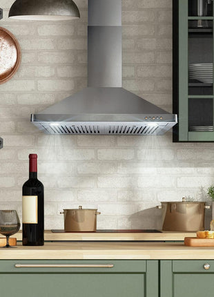 30 in. Vista Coll 380 CFM Ducted Wall Mount Range Hood LED, Stainless Steel | Cosmo COS-63175 Push Button Controls, 3 Fan Speeds, Permanent Dishwasher-Safe Baffle Filters, Backdraft Damper