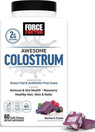 Force Factor Awesome Colostrum Supplement with Bovine Colostrum | Biotin, Grass-Fed, Antibiotic-Free, Supports Gut & Immune Health, Supports Hair, Skin & Nails, Berries & Cream, 60 Soft Chews