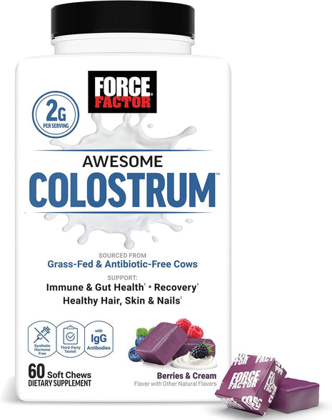 Force Factor Awesome Colostrum Supplement with Bovine Colostrum | Biotin, Grass-Fed, Antibiotic-Free, Supports Gut & Immune Health, Supports Hair, Skin & Nails, Berries & Cream, 60 Soft Chews
