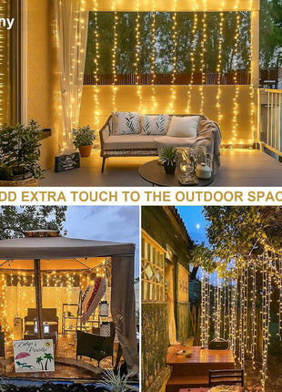 JMExSUSS 300 LED Remote Control Christmas Curtain Lights, Plug in Fairy Curtain Lights Outdoor, Window Wall Hanging String Lights for Bedroom Backdrop Wedding Party Indoor Patio xmas Decor, Warm White