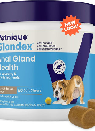 Vetnique Glandex Anal Gland Soft Chew Treats with Pumpkin for Dogs Digestive Enzymes, Probiotics Fiber Supplement for Dogs Boot The Scoot (Peanut Butter Chews, 60 Count)