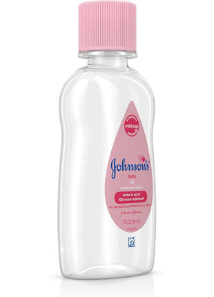 Johnson's Baby Oil, Pure Mineral Oil to Prevent Moisture Loss for Newborn, Kids, & Adults, Gentle, Soothing Baby Massage Oil, Dry Skin Relief, Hypoallergenic, Original Scent, Baby Essentials, 3 fl. oz