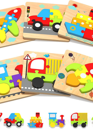 Wooden Toddler Puzzles Gifts Montessori Toys for 1 2 3 Years Old Boys Girls | 6 Vehicle Shape Puzzles, Boy Birthday Gift, Montessori Toys Educational Blocks for Toddlers 1-3, 2-4, Baby Learning Toys