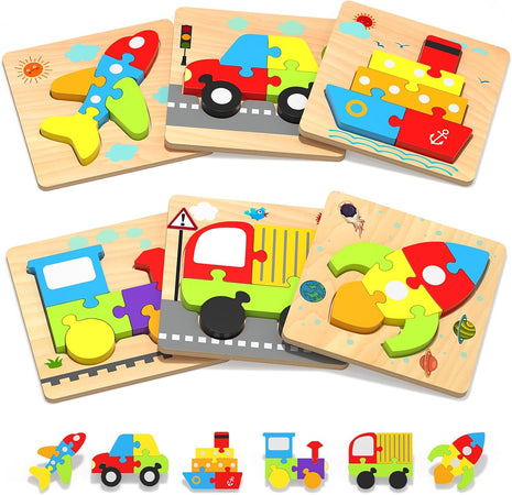 Wooden Toddler Puzzles Gifts Montessori Toys for 1 2 3 Years Old Boys Girls | 6 Vehicle Shape Puzzles, Boy Birthday Gift, Montessori Toys Educational Blocks for Toddlers 1-3, 2-4, Baby Learning Toys