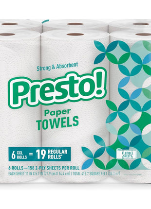Amazon Brand - Presto! Flex-a-Size Paper Towels, 158 Sheet Huge Roll, 12 Rolls (2 Packs of 6), Equivalent to 38 Regular Rolls, White