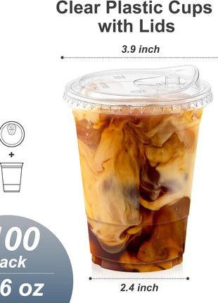 Dealusy 100 Pack - 16 oz Clear Plastic Cups with Lids, Sturdy & Food Safe Iced Coffee Cups with lids, Disposable Plastic Smoothie Cups for Cold Drinks, Sip Lids