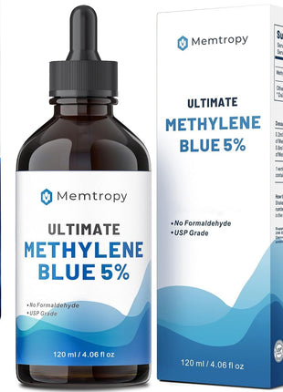 Methylene Blue Pharmaceutical Grade 4.06 fl oz (120 mL), 99% Purity Supplement for Humans, Formaldehyde-Free, Alcohol-Free, Glass Bottle
