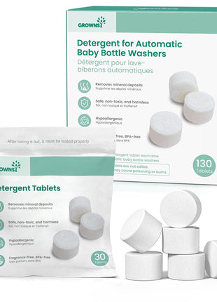 GROWNSY Bottle Washer Tablets 130 Count Detergent for a Spotless Cleaning | Fits All Brands of Baby Bottle Washers, Removes Milk Residue, Grease & Odor from Bottles, Pump Parts & Feeding Essentials