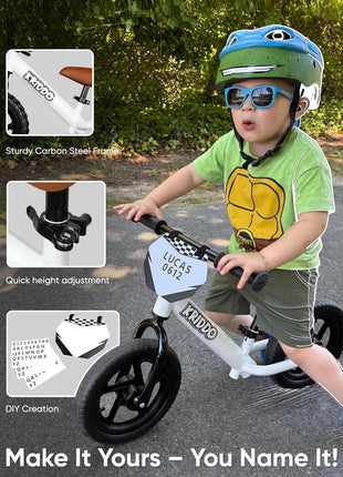 KRIDDO Balance Bike 2 Year Old, Tool-Free Adjustable Toddler Bike | Easy to Assemble, Personalized Plate with 3 Sticker Sets, White, 2 Year Old Boy Birthday Gift