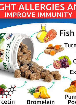 Allergy Relief Dog Treats + Glucosamine Dog Treats Bundle - Omega 3 + Pumpkin + Enzymes for Itchy Skin Relief + Joint Pain Relief and Hip Support Supplement w/ Chondroitin, MSM, Omega-3 - Made in USA