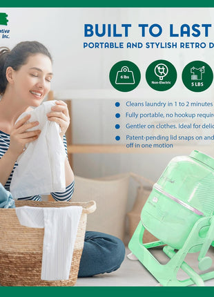 WonderWash Portable Washing Machine for Apartment & Tiny Spaces - Manual Hand Clothes Washer with Retro Design - Clean Laundry Anywhere with Our Countertop, Non-Electric, Small Washer - Mint Green