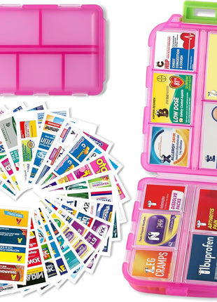 Pill Organizer with Medicine Labels Travel Daily Pill Container Mini Medication Organizer Storage Pill Organizer Travel Essentials Pill Case 7 Day (Pink & 161 Lables)