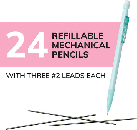 BIC Xtra-Smooth Pastel Mechanical Pencils, Medium Point, 0.7mm, 24-Count | Bulk Pack for School or Office Use | Smooth Writing Experience | No. 2 Lead for Standardized Tests