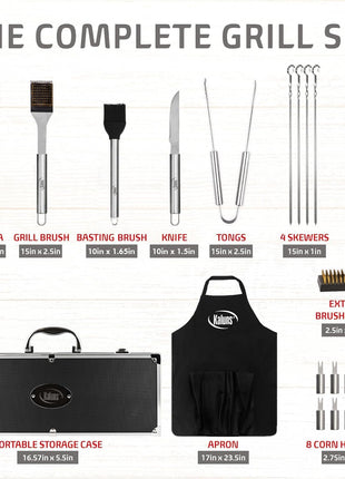 Kaluns Grilling Accessories, Dad Gifts for Fathers Day, Mothers Day Grilling Gifts, Heavy Duty Stainless Steel BBQ Tool Set for Outdoor Grill with Aluminum Case and Apron, Birthday Gifts for Men