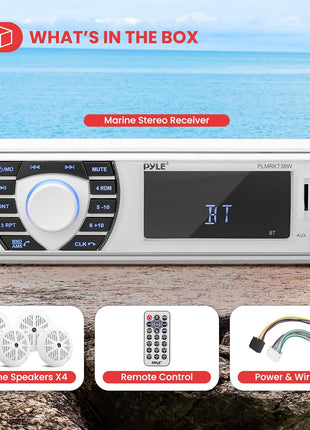 Pyle Marine Radio Receiver Speaker Set 12v Single Din Style Bluetooth Compatible Waterproof Digital Boat In Dash Console System with Mic 4 Speakers, Remote Control, Wiring Harness PLMRKT38W (White)