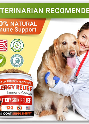 Allergy Relief + Omega 3 Dogs Bundle - Itchy Skin Treatment + Allergy & Itch Relief Skin&Coat Supplement - Omega3 & Pumpkin - Dog Itch Relief - 300 Chews - Peanut Butter + Chicken Flavor - Made in USA
