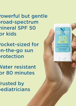 Blue Lizard Kids Mineral SPF 50 Sunscreen Stick, Zinc Oxide, 100% Mineral Actives, Developed for Kids' Sensitive Skin, TSA-Friendly, Vegan, Paraben-free, Fragrance-Free, 0.5 oz