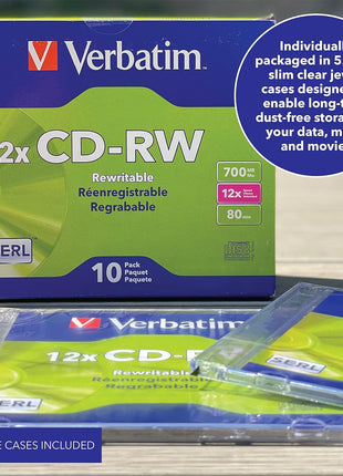 Verbatim CD-RW 700MB 4X-12X Rewritable Blank Media - 10 Discs in Slim Jewel Cases