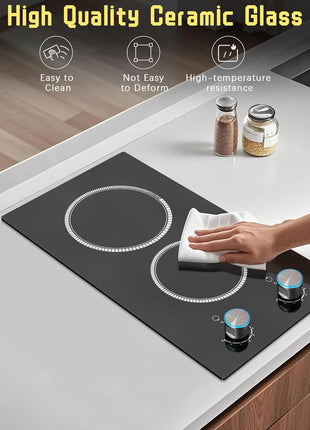 2 Burner Electric Cooktop 110V, Knob 12 Inch Electric Stove Top | 120V Stove Top Burner Knob Control, 2000W Countertop Stove, Timer, 9 Heating Levels, Overheat Protection, High-Temp Alarm