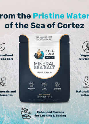 Baja Gold Signature Mineral Sea Salt - Recommended by Gary Brecka - Authentic Fine Grind Salt for Cooking & Baking | Natural Baja Salt for Culinary Uses | Great for Finishing Dishes | 1 lb. Resealable Bag, 300+ Servings