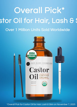 Kate Blanc Cosmetics Castor Oil Organic for Hair, Lashes, Face (2oz), 100% Pure, Cold Pressed, Hexane Free. Eyelash Serum for Thicker-Looking Eyelashes & Eyebrows