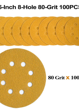 Aiyard 5-Inch 8-Hole Hook and Loop Sanding Discs 80-Grit Random Orbit Sandpaper, 100-Pack