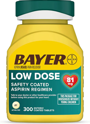 Bayer Aspirin Low Dose 81 mg, Enteric Coated Tablets, Doctor Recommended, Secondary Prevention of Cardiovascular Disease, 300 Safety Coated Tablets