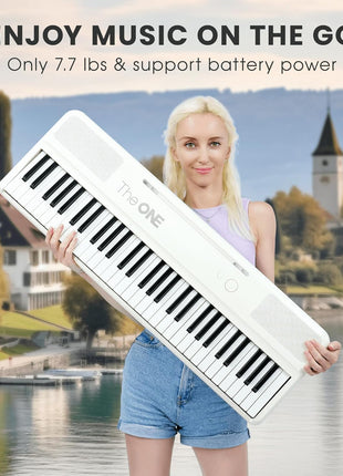 The ONE Smart Keyboard COLOR 61 Lighted Keys Piano Keyboard, Electric Piano for Beginners with 256 Tones, 64 Polyphony, Built-in LED Lights & Apps, Supports USB MIDI/Headphones (White)