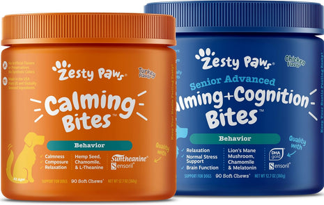 Zesty Paws Calming Soft Chews for Dogs - Melatonin, Ashwagandha + Senior Advanced Calming & Cognition Soft Chews for Dogs