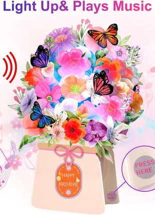 Yinqing Birthday Cards, Light and Music Happy Birthday Card for Women | Lily and Butterflies 10 Inch Forever Flower Bouquet, 3D Pop Up Birthday Gift Card for Women Wife Mom Daughter Sister