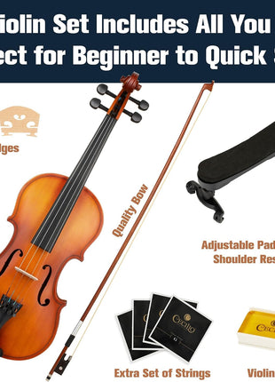 Mendini by Cecilio Violin 4/4 Full Size Kit For Beginners - Hand Carved Acoustic Violins Set - Fiddle Solid Wood Kit with Hard Case, Bow, Rosin, Shoulder Rest, Bridge and Extra Strings