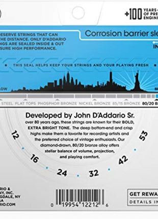 D'Addario EJ11 80/20 Bronze Acoustic Guitar Strings, Light 12-53 | Bright, projecting 80/20 bronze acoustic guitar strings deliver crisp tone, reliable performance, and comfortable playability