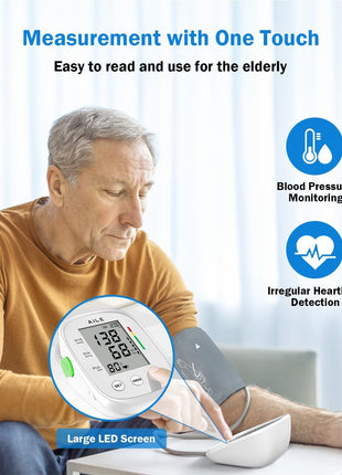 AILE Upper Arm Blood Pressure Monitor, Bp Cuff(8.7"-16.5"), 2x99 Memory | One-Touch Accuracy Readings, Digital Display, Memory Function, Fast 30 Reading, USB-C or 4 AAA, Home Use or Travel