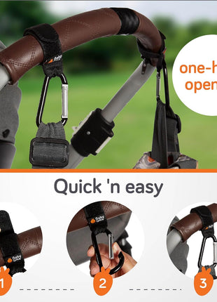 Baby Uma Stroller Hooks for Bags (2 Pack) - Non-Slip, One-Hand Use, 11 lb | These universal stroller clips open one-handed, resist slipping, and each carabiner hook holds 11 lbs—a travel essential.