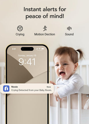nooie 2K Smart WiFi Baby Monitor with Camera and Audio, Smartphone App Control, Temperature Sensor, Motion & Cry Detection, IR Night Vision, 2-Way Talk, Cloud & SD Card Storage, Ideal for New Moms