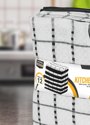 Utopia Towels Kitchen Towels 12 Pack 15x25 Inch Ring Spun Cotton Black | Super Soft, Absorbent, Tea and Bar Towel Set, Linen Dish Towels, Multipurpose Kitchen Use