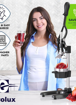 Eurolux Ultra-Premium Cast Iron Juicer | Extra-Large, Heavy Duty, Commercial Grade, Stainless Steel Manual Hand Press Citrus Squeezer For Fresh Orange Juice, Pomegranate, Lemon, and Much More (Black)