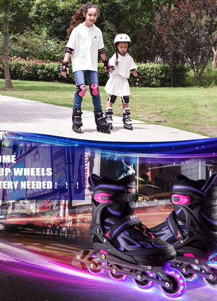 2PM Sports Vinal Girls Adjustable Flashing Inline Skates, All Wheels Light Up, Fun Illuminating Skates for Kids Men Adult Women and Boys