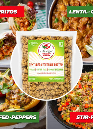 Textured Vegetable Protein (TVP), Unflavored, 1 lb. Bag, Natural Plant Based Vegan Protein Chunks, Non-GMO and Gluten Free Crumbles, Cholesterol Free by Amazing Chiles