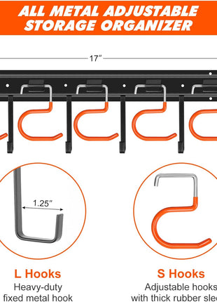 68'' All Metal Garden Tool Organizer Adjustable Garage Tool Organizer Wall Mount Garage Organizers and Storage with Heavy Duty Hooks Tool Hangers for Garage Wall, Shed, Garden