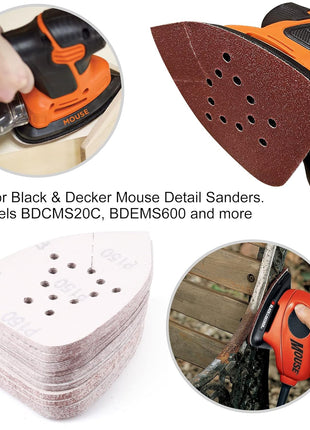 LotFancy Sanding Pads for Black and Decker Mouse Sanders, 50PCS 60 80 120 150 220 Grit Sandpaper Assortment - 12 Hole Hook and Loop Palm Detail Sander Sanding Sheets Sand Paper