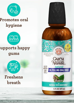 GuruNanda CocoMint Oil Pulling Mouthwash for Complete Oral Hygiene, 7 Essential Oils & Vitamins for Happy Teeth & Gums & Fresh Breath, Alcohol-Free, 16 oz