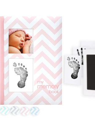 Pearhead Baby Memory Book, First 5 Years Baby Milestone Book, Pregnancy Journal, Gender Neutral Newborn Keepsake, With Clean-Touch Ink Pad For Baby's Handprint or Footprint, Pink Chevron