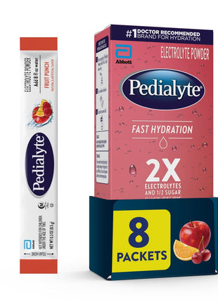 Pedialyte Fast Hydration Electrolyte Powder Packets, Fruit Punch, Hydration Drink, 8 Single-Serving Powder Packets