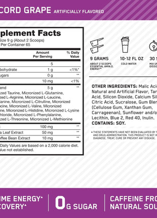 Optimum Nutrition Amino Energy   Pre Workout with Green Tea, BCAA, Amino Acids, Keto Friendly, Green Coffee Extract, Energy Powder   Concord Grape, 65 Servings (Packaging May Vary)
