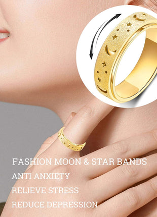 OreilleStar Anxiety Ring for Women Spinner Ring Stainless Steel Fidget Toys Adults Fidget Spinner Ring Fidgit Ring (Moon Star-Gold, 8)