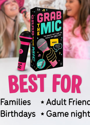 Lucky Egg Official Grab The Mic – Family Karaoke Board Game w/Foam Mic, 8+ Ages, 2-10 Players - Games for Bad Singers w/ 230 Lyrics (115 Cards)